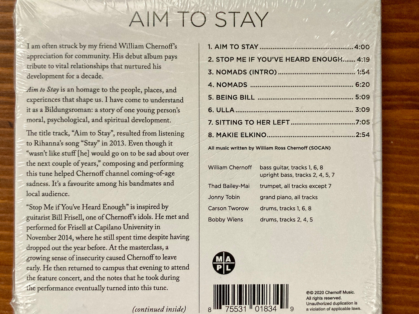 William Chernoff: Aim to Stay back of CD packaging